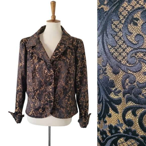 Vintage Jackets & Blazers - Vintage Andre' Oliver Bronze Black Lace Overlay Peplum Cropped Blazer
